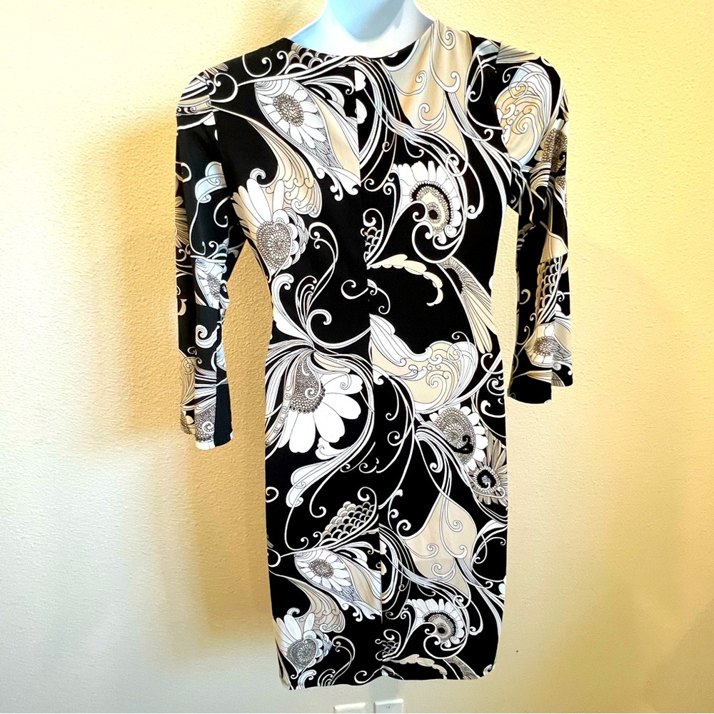 Glamour women black white tan floral midi dress trumpet sleeve round neck Sz 8 - Picture 8 of 16